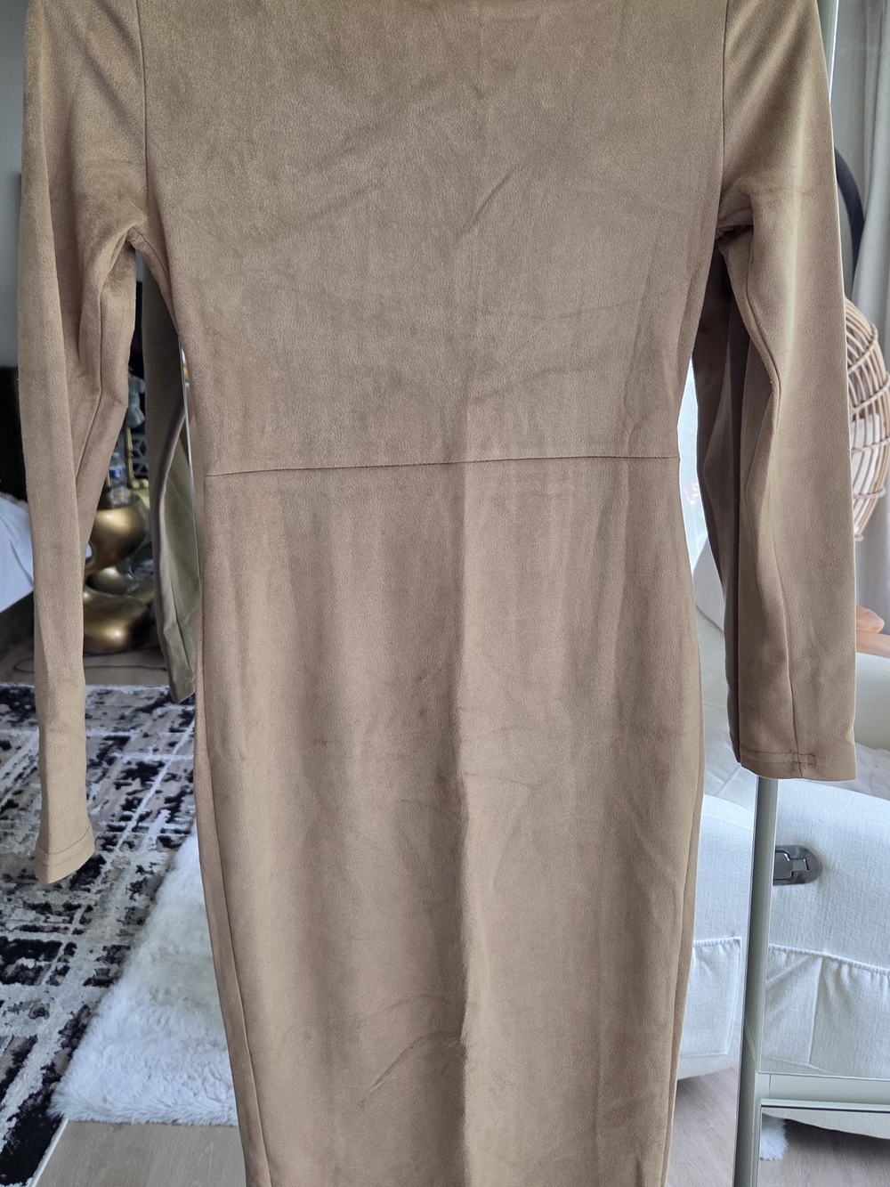 Women's Long Sleeve Faux Suede Sheath Dress in Camel - Picture 5 of 5